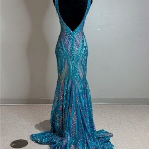 Jovani Turquoise and Purple Sequin Prom Dress